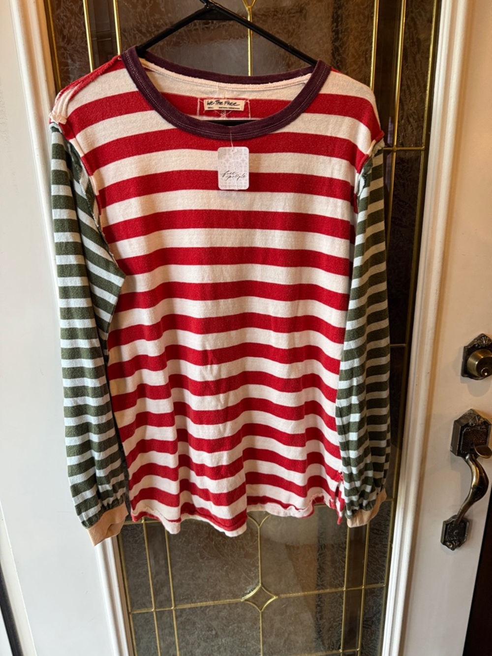 Free People Red and Cream Striped Long Sleeve Top with Olive Sleeves